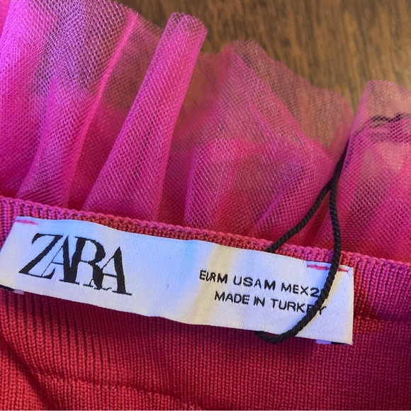 ZARA Dark Fuschia Pink Layered Ruffle Tulle Strapless Crop Tube Top - Picture 5 of 12
